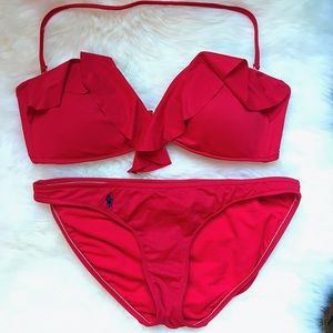 NWT Ralph Lauren V Wire Ruffle Swimsuit Red